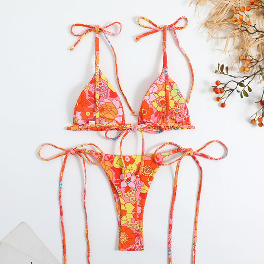 Traje de baño de bikini triangular sexy para mujer con cordones y estampado dúplex dividido