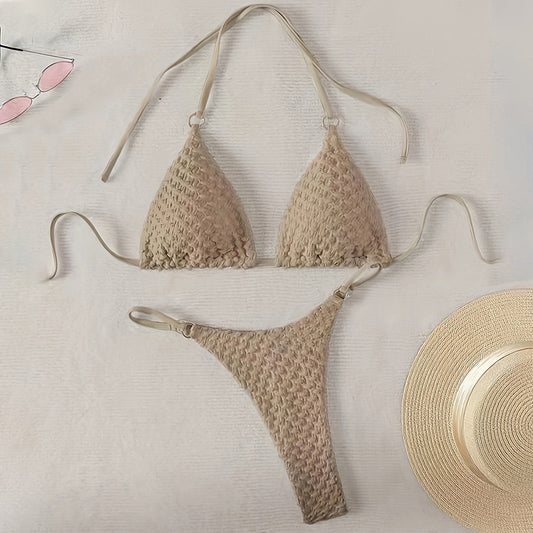 Traje de baño de dos piezas con cordones y abertura para mujer, bikini de tres puntos, traje de baño de playa