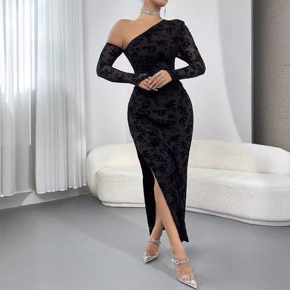 Flocking Oblique Shoulder Design Sheath Slim Fit Slimming Slit Elegant High End Dress