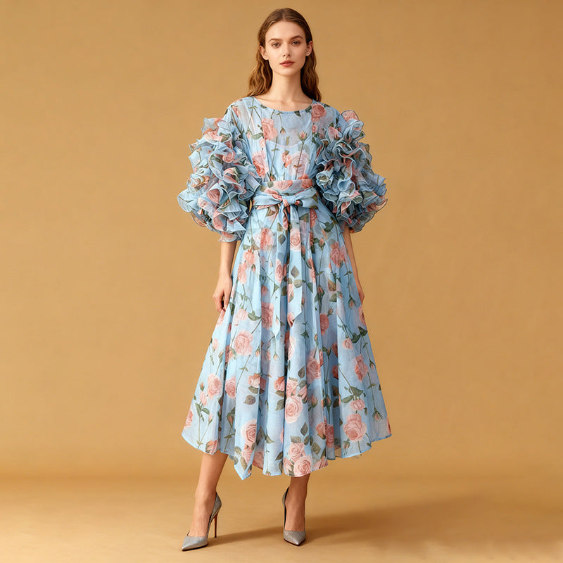 Retro Romantic Palace Rose Print Dress for Women round Neck Design Puff Sleeve Dress Ory
