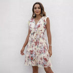 Summer Women Clothing V neck Waist Controlled Lace up Printing Dress NEWMELANCE