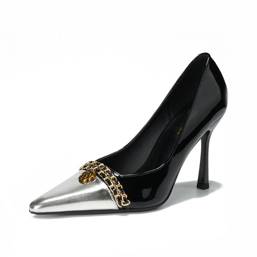 Design Color Matching Metal Chain Super High Heels Stiletto Pointed Toe Camellia Chanel Shoes ForestFootwear