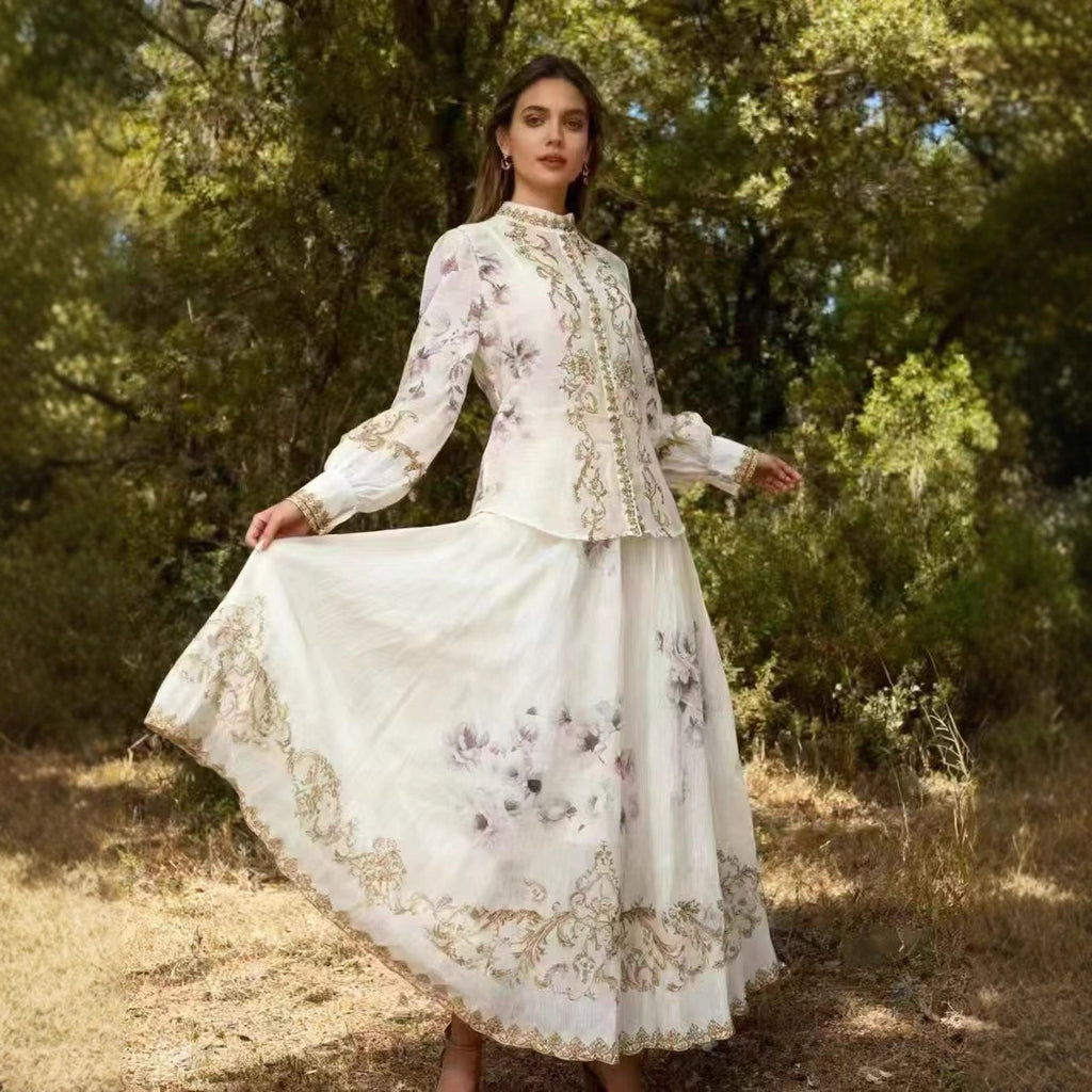 Long Sleeve Painted Skirt Set Spring Court Waist Slimming Printed Two Piece Sets Women Sailfish