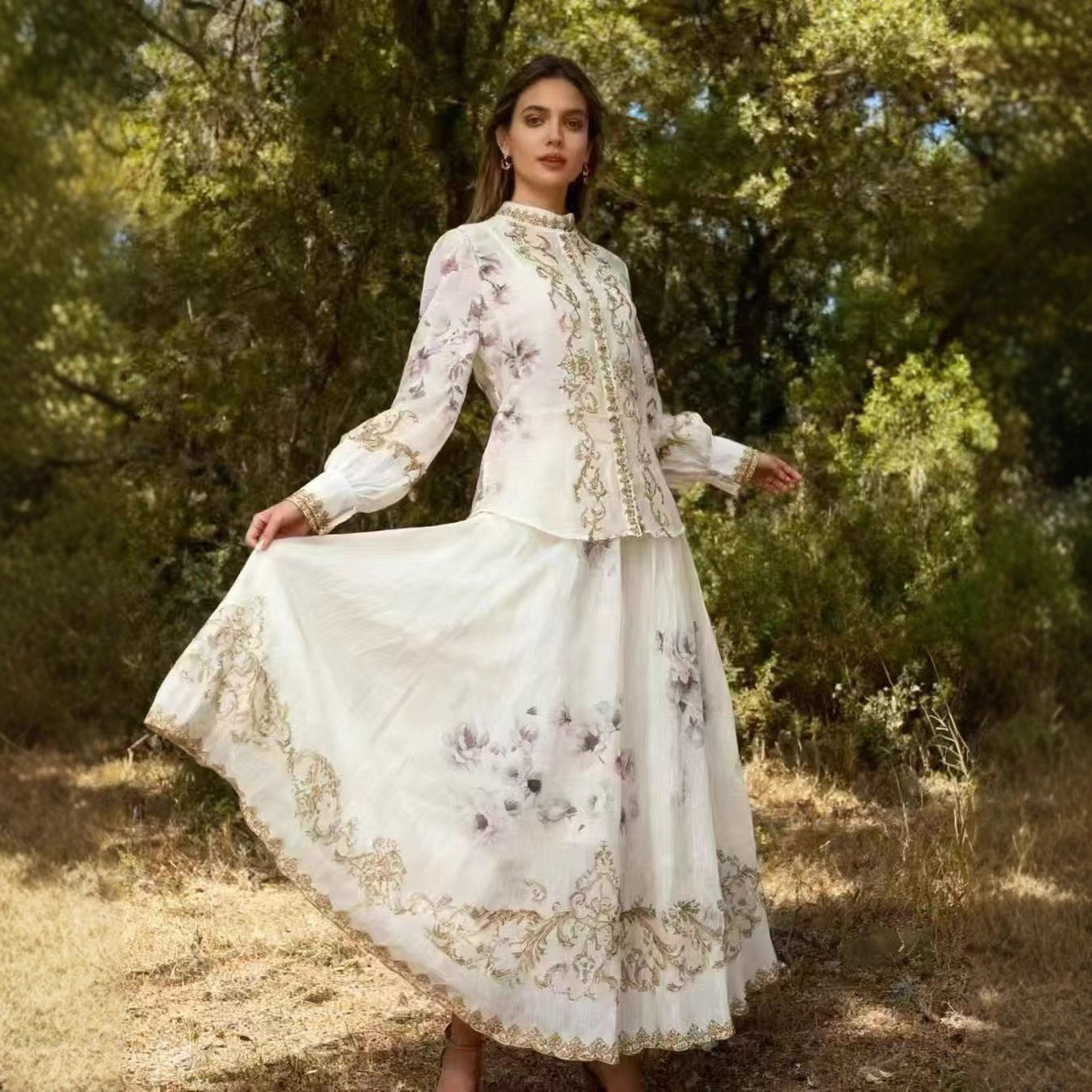 Long Sleeve Painted Skirt Set Spring Court Waist Slimming Printed Two Piece Sets Women Sailfish