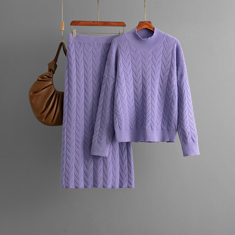 Conjunto de dos piezas de jersey y falda de punto con cuello alto y manga larga de Jacquard para otoño e invierno