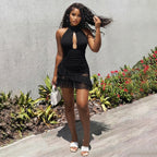 Summer Women Clothing Halter Backless Sexy Cutout See through Ruffled Sexy Sheath Dress Dores
