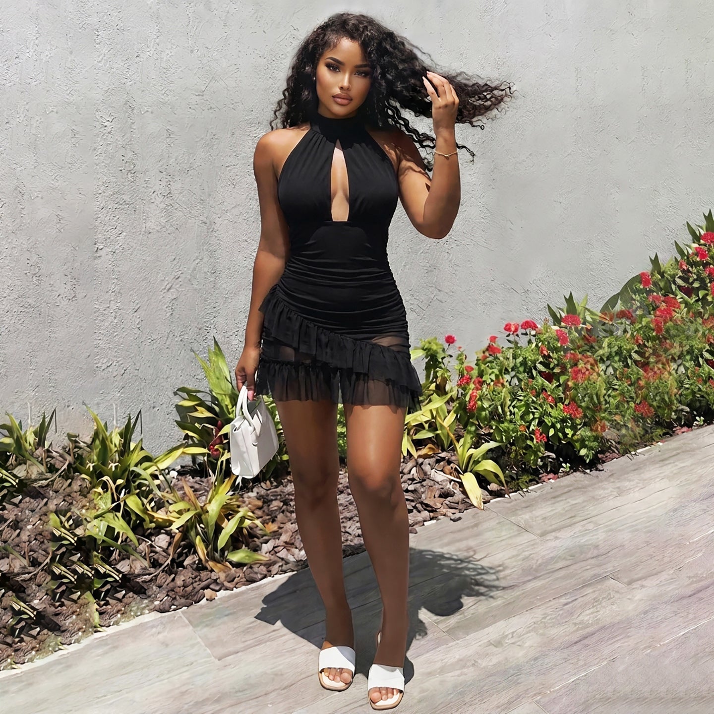 Summer Women Clothing Halter Backless Sexy Cutout See through Ruffled Sexy Sheath Dress Dores