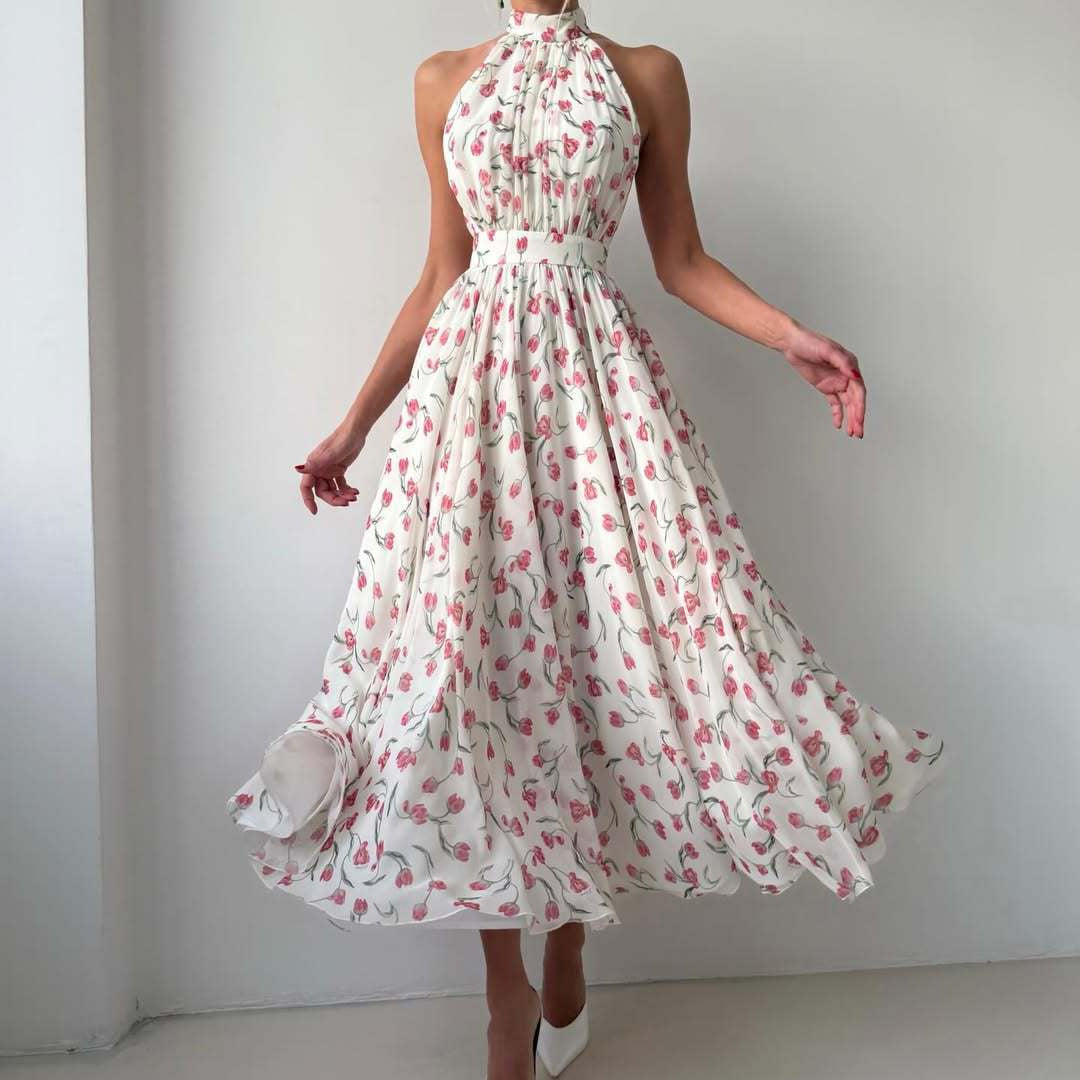 Women French Halter Floral Dress Summer Waist Slimming Sleeveless Mid Length A line Dress CONY