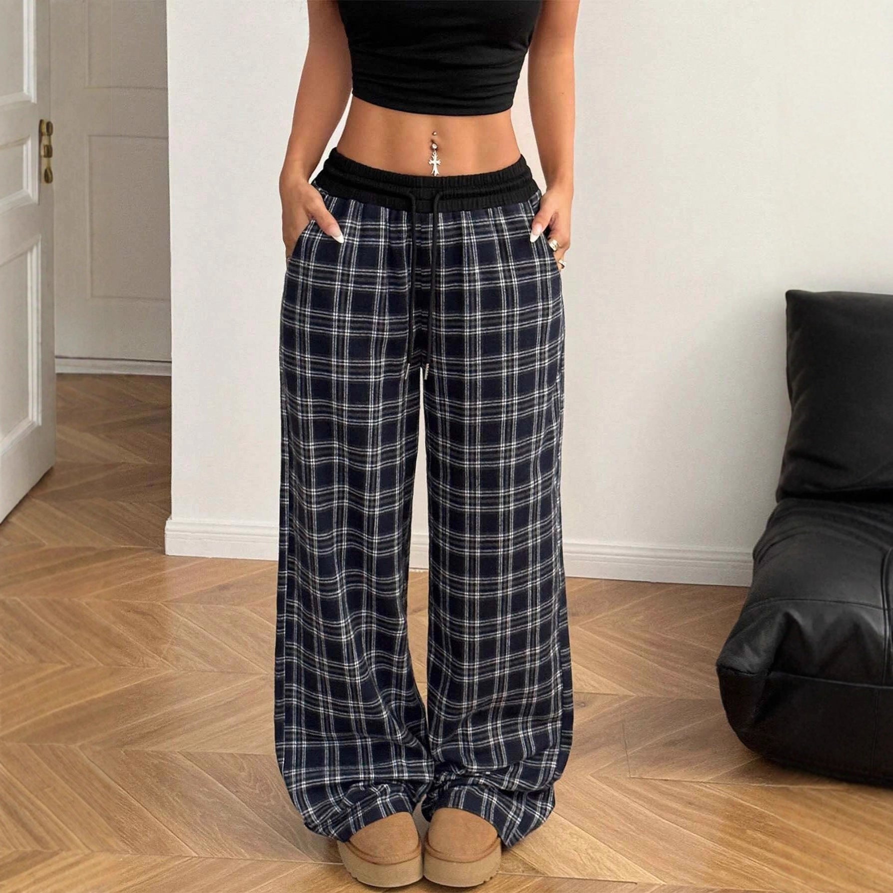 Loose Lazy Straight Plaid Stitching High Waist Drooping Casual Sports Pants AXE