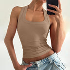 Débardeur court sexy à col en U, couleur unie, coupe ajustée, pour femme, été