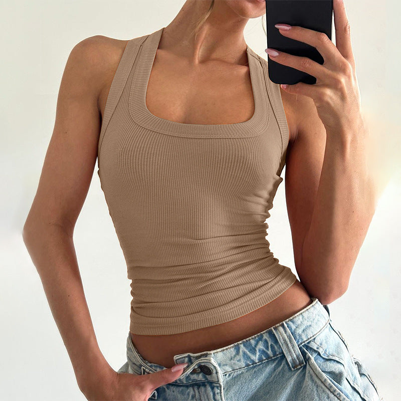 Débardeur court sexy à col en U, couleur unie, coupe ajustée, pour femme, été