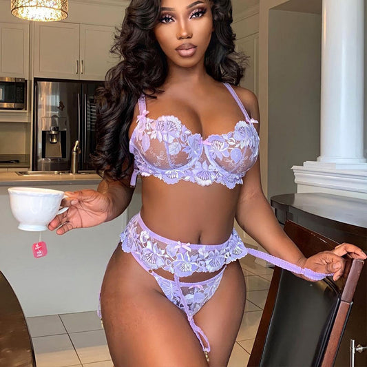 Hollow Out Cutout Floral Embroidery Lace Three-Point Garter Sexy Suit Three-Piece Set