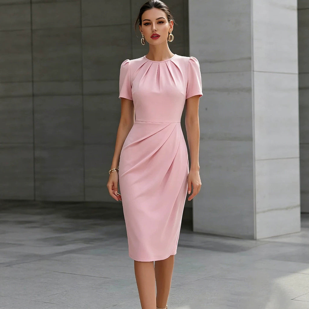 Women Clothing Pleated round Neck Short Sleeve Waist Controlled Midi Dress Solid Color Dress NEWMELANCE