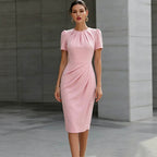 Women Clothing Pleated round Neck Short Sleeve Waist Controlled Midi Dress Solid Color Dress NEWMELANCE