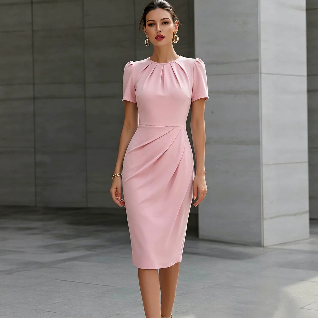 Women Clothing Pleated round Neck Short Sleeve Waist Controlled Midi Dress Solid Color Dress NEWMELANCE