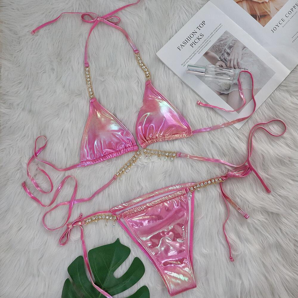 Bikini de diamantes de cristal con tirantes bronceados sexy para mujer, traje de baño dividido