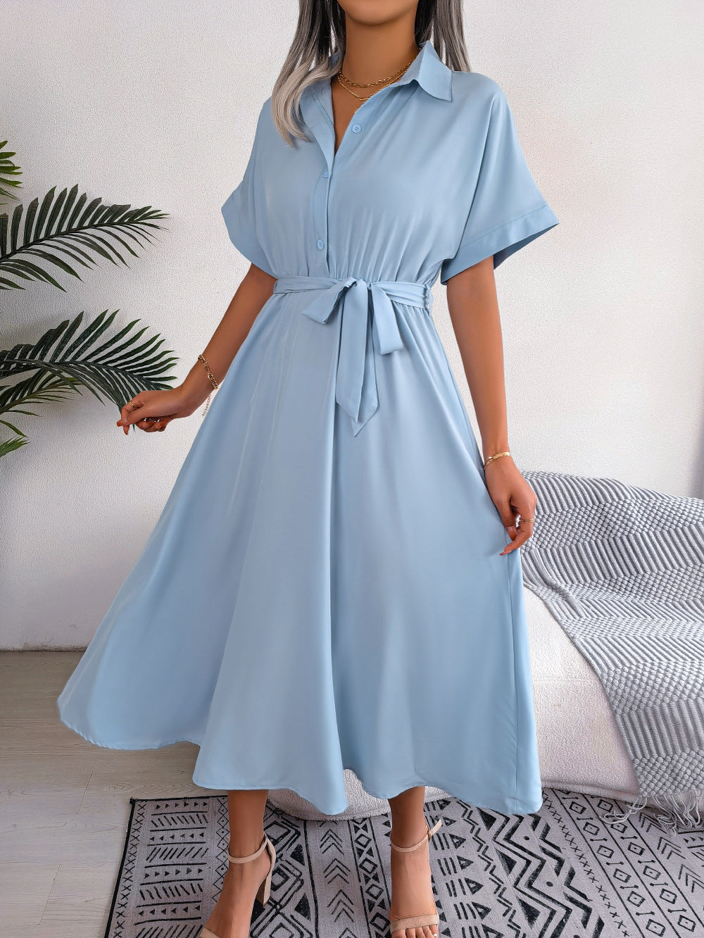 Summer Casual Loose Solid Color Tied Shirt Dress Maxi Dress Women Clothing BAGIISA