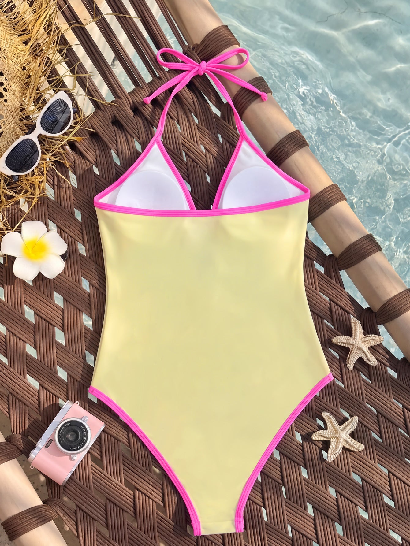 One Piece Bikini Contrast Color Halter Lace up Chest Hollow Out Cutout out Small Embellished Sexy Bikini Women WithWind
