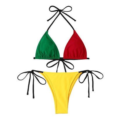 Bikini de cintura alta con estampado de patchwork y contraste de colores para mujer