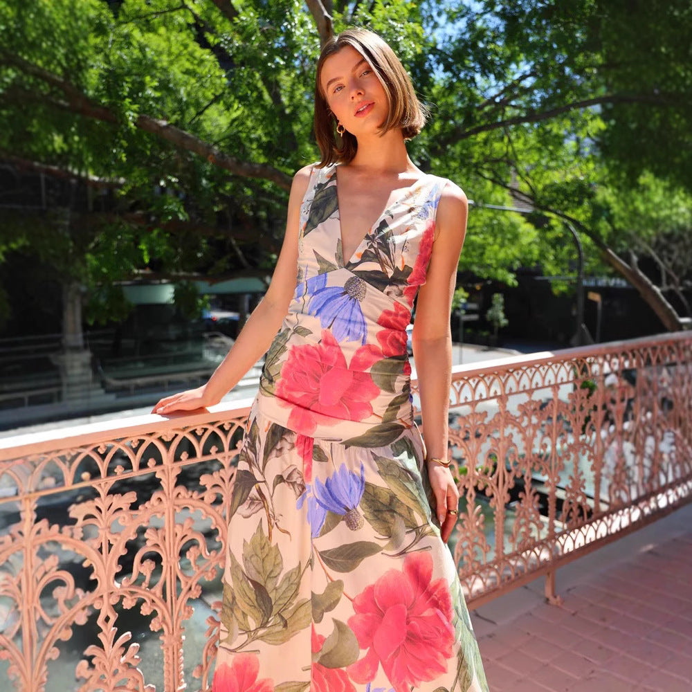 Spring Summer Maxi Dress Internet Celebrity Same Printed Waist Controlled V neck Swing Dress Zemy