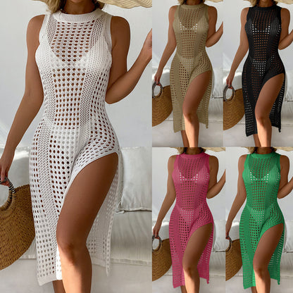Vacation Sexy Solid Color round Neck Sleeveless Breathable Knitted Long High Slit Dress Beach Sun Protection Blouse Crochet hook