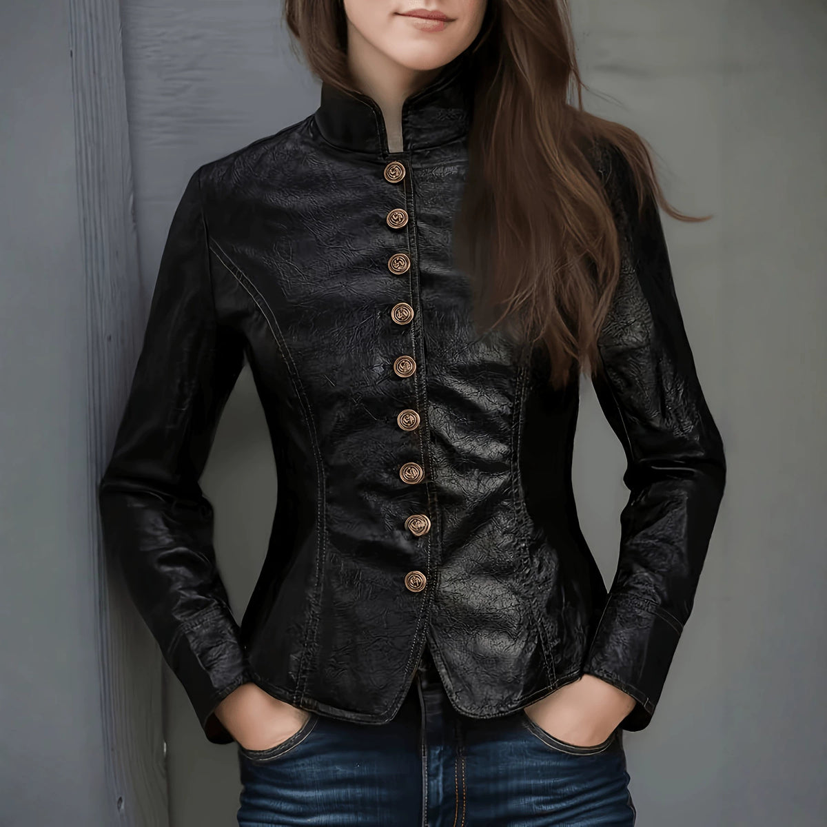 Retro Stand Collar Faux Leather Jacket Trendy Court Waist Single Breasted Long Sleeve Faux Leather Coat Venly