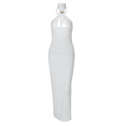 Women Clothing Winter Solid Color Tied Halter Sexy Cutout Slim Fit Dress