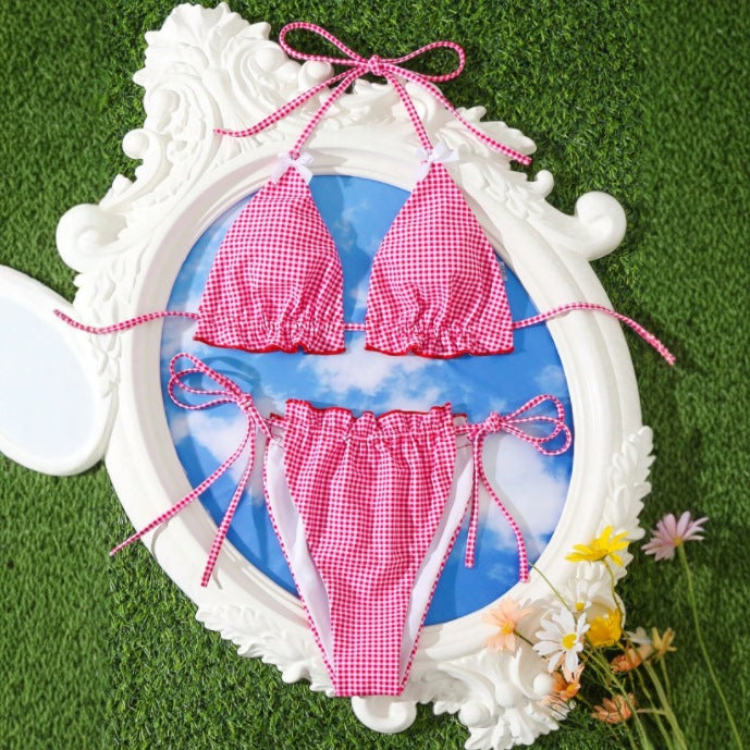 Maillot de bain sexy à carreaux et nœud pour femme, bikini fendu, motif floral