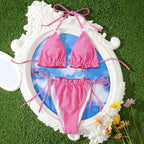 Maillot de bain sexy à carreaux et nœud pour femme, bikini fendu, motif floral