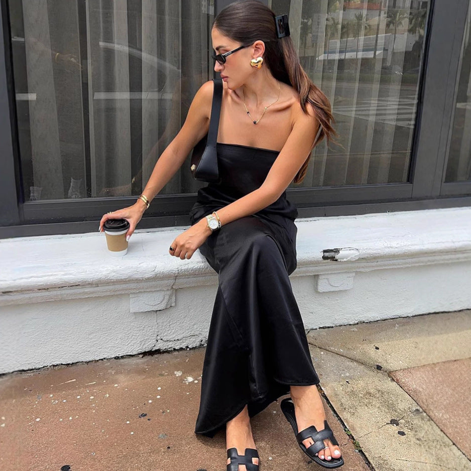 Black Sexy Tube Top Satin High Waist Loose Dress Summer Dress Women FOREVEREIGHTEEN