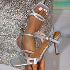 Elegant Silver Women Sandals Rhinestone Ornament Hollow Out Cutout out Ankle Strap High Heel Sandals Cross MerryHue
