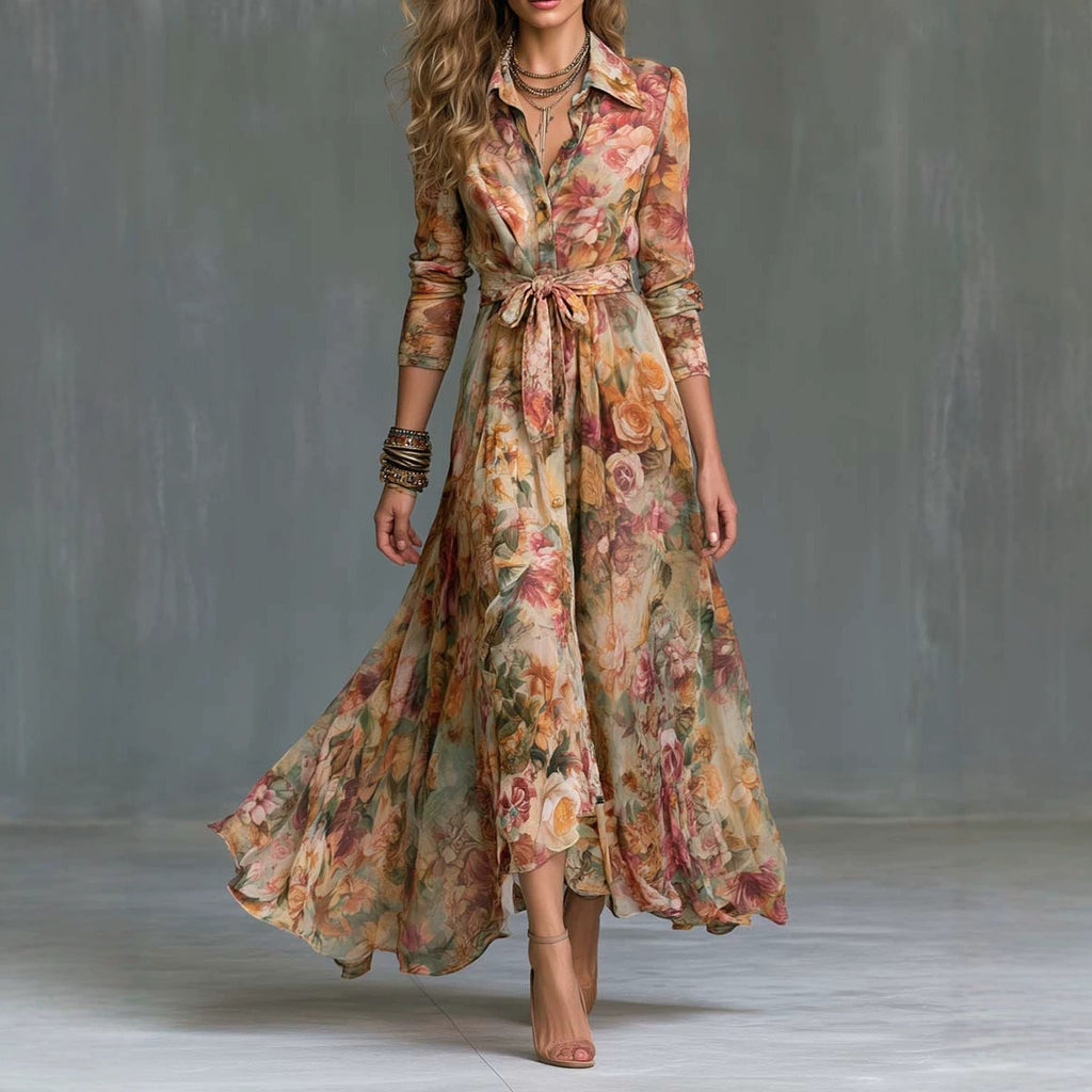 Retro Floral Print Dress Elegant Button Long Sleeve Tied Shirt Dress Venly