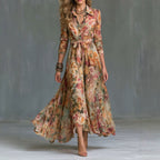 Retro Floral Print Dress Elegant Button Long Sleeve Tied Shirt Dress Venly