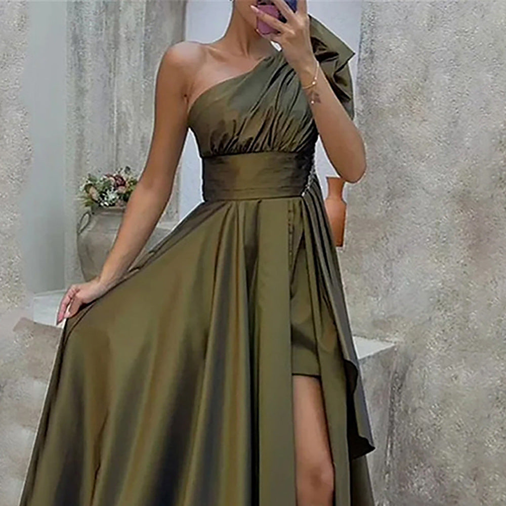 Spring Summer Women Clothing Diagonal Collar Strapless High Waist Irregular Asymmetric Dress Dress for Women KAIXUAN