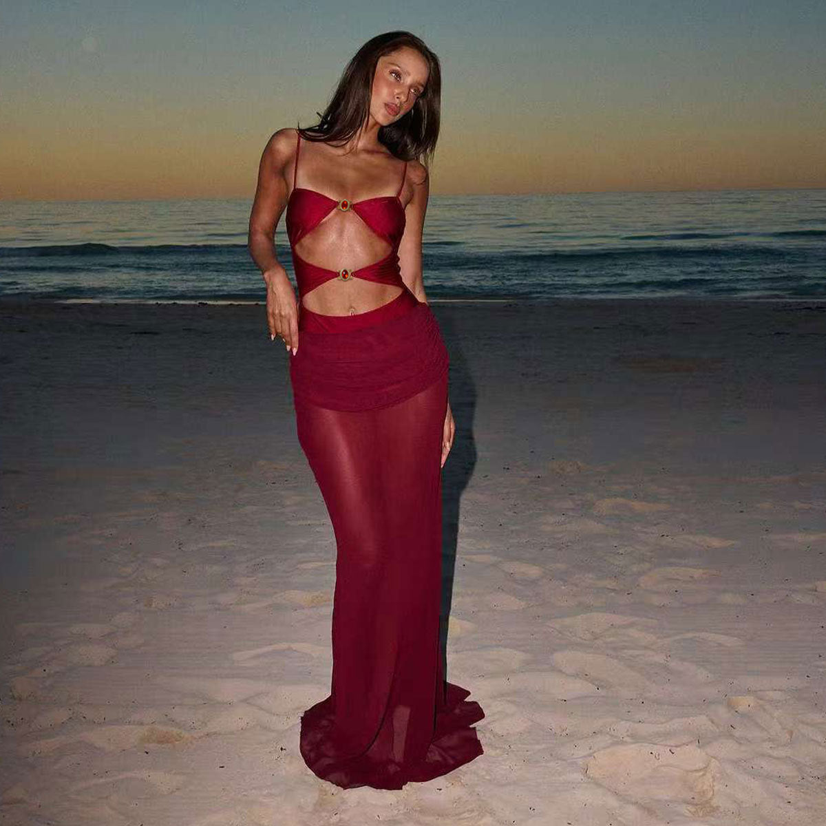 One Piece Swimsuit for Women Solid Color Hollow Out Cutout out Half Length Tulle Skirt Two Piece Set Thunder