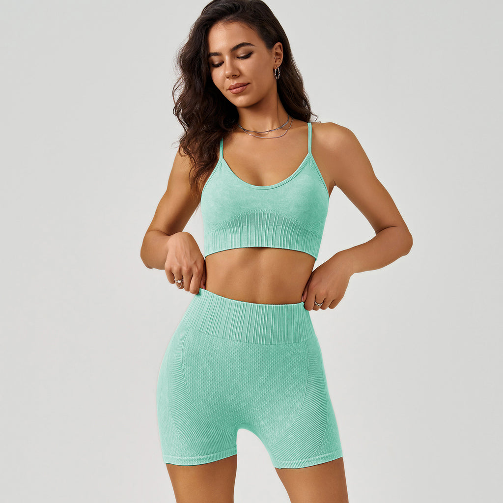 Frosted Exercise Yoga Clothes Women High Waist Hip Lift Shorts Shockproof Bra Quick Drying Fitness Set (Runs Small) Ruiesf