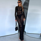 Women Clothing Spring Summer Solid Color Lace See through Long Sleeve Mid Length Dress SaturdayNight