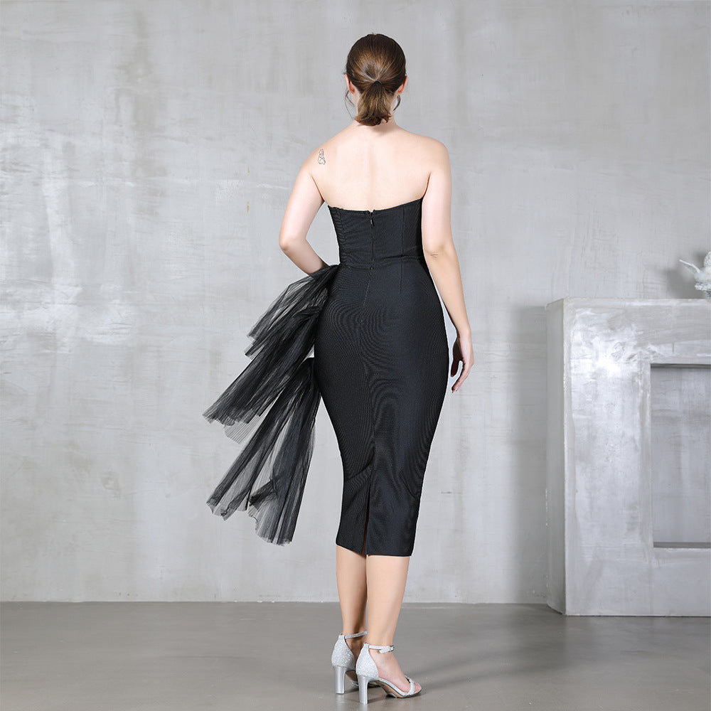 Bandage One Piece Dress Summer Elegant Slim Fit Sexy High Waist Dinner Dress Tube Top Tulle Dress Locket
