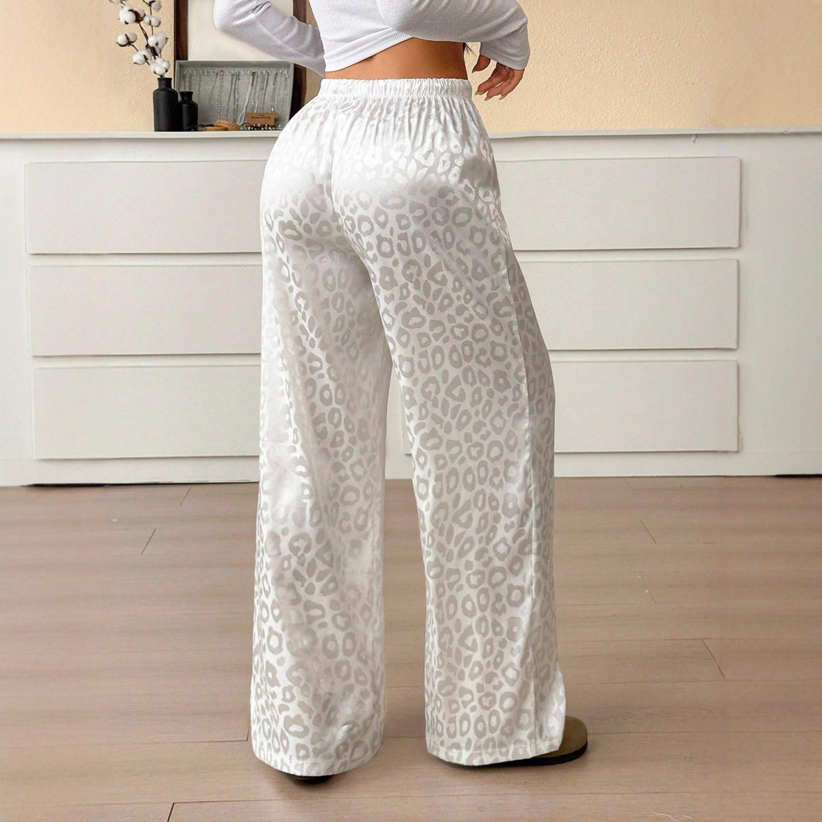Women Clothing Autumn Satin Casual Pants Drawstring Leopard Print Mop Wide Leg Pants Long Pants