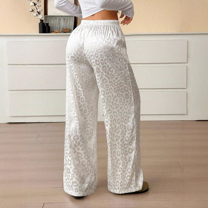Women Clothing Autumn Satin Casual Pants Drawstring Leopard Print Mop Wide Leg Pants Long Pants