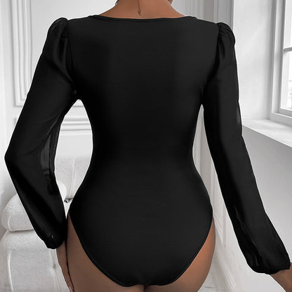 Women Clothing Black Mesh Stitching V neck Jumpsuit
