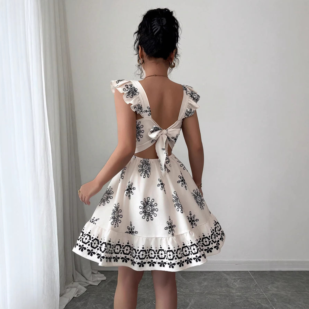 Elegant Multicolor Printing Flying Sleeves A Line Dress AXE
