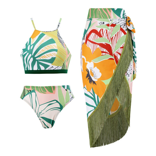 Retro One Piece Swimsuit Women's Conservative Cover Belly Thin Skirt Spring Tassel Beach Skirt Set