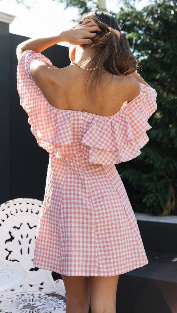 Women Clothing New Plaid off-Shoulder Ruffled Collar Show Fashion Dress VIVIAN