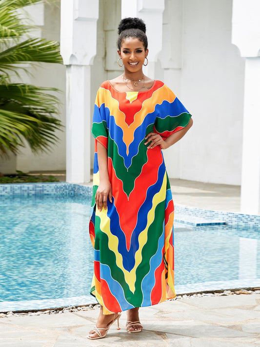 Print Beach Cover Up Sexy Loose Vacation Sun Protection Shirt Robe Bikini Cover Up