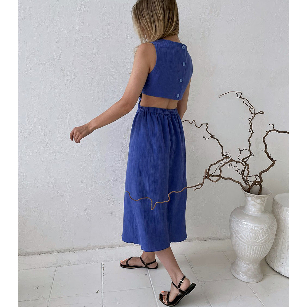 Double Layer Zou Cloth Dress Summer Casual Back Single Breasted Cropped Outfit Design Vest BlueLine