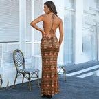 Spring Women Sexy Halter Lace up Hollow Out Cutout Bead Necklace Decorative Slim Dress YIMAIL