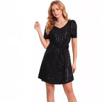Women Short Sleeve V neck Sequ Mini Sequin Dress with Belt Shiny Cocktail Party Dress Elegant RayWin