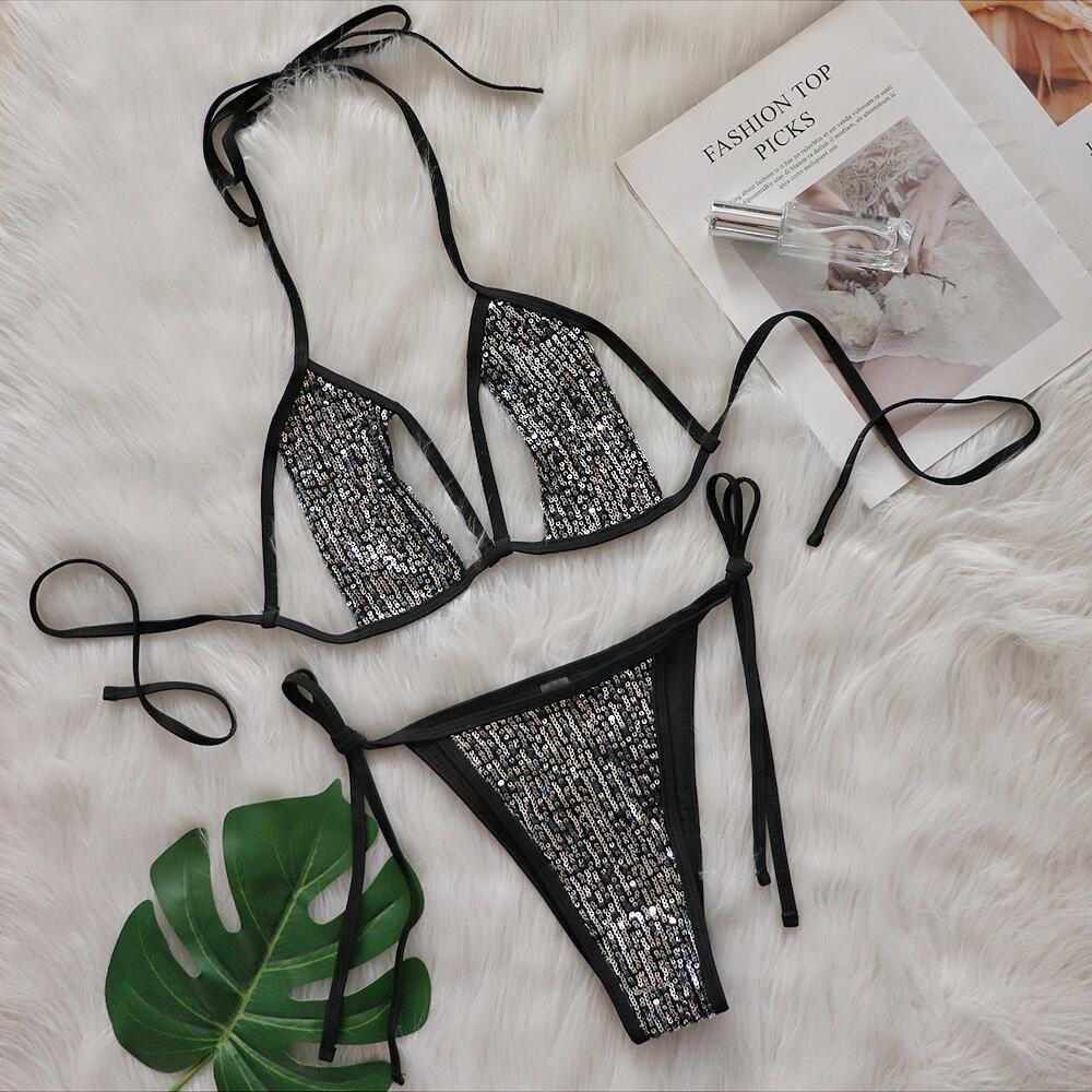Bikini sexy con lentejuelas divididas para mujer, traje de baño de playa con cordones y recortes
