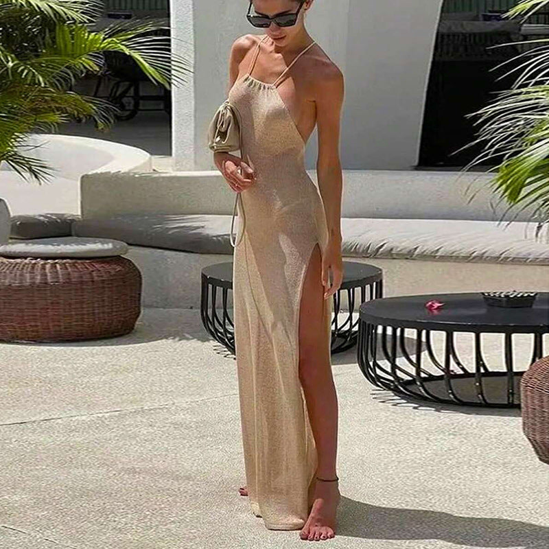 Double Sided High Slit Sling Beautiful Back Knitted Dress Beach Dress Women Mangar